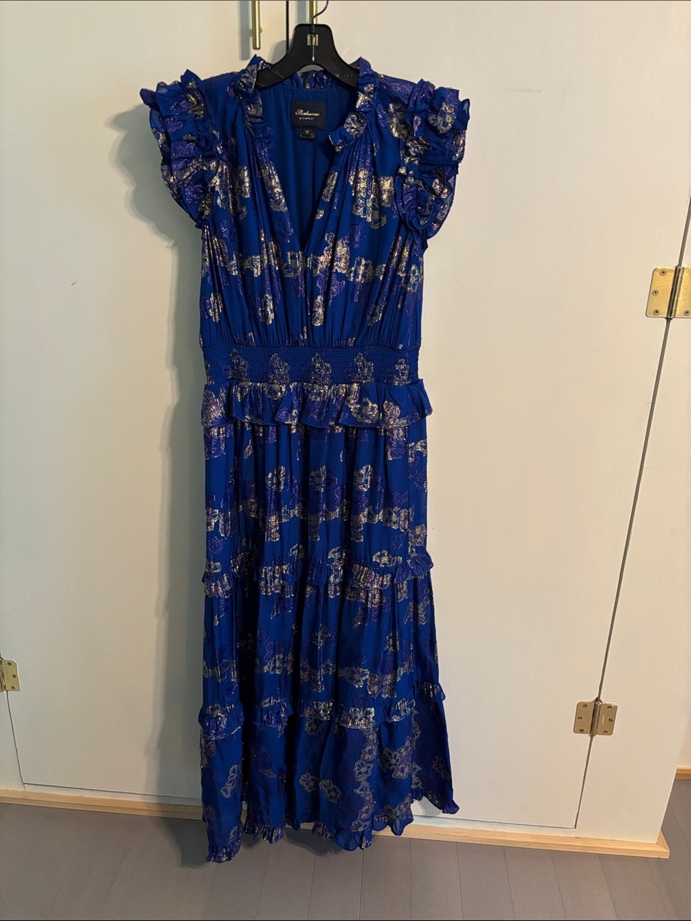 Shoshanna Blue Metallic Floral Ruffle Maxi Dress